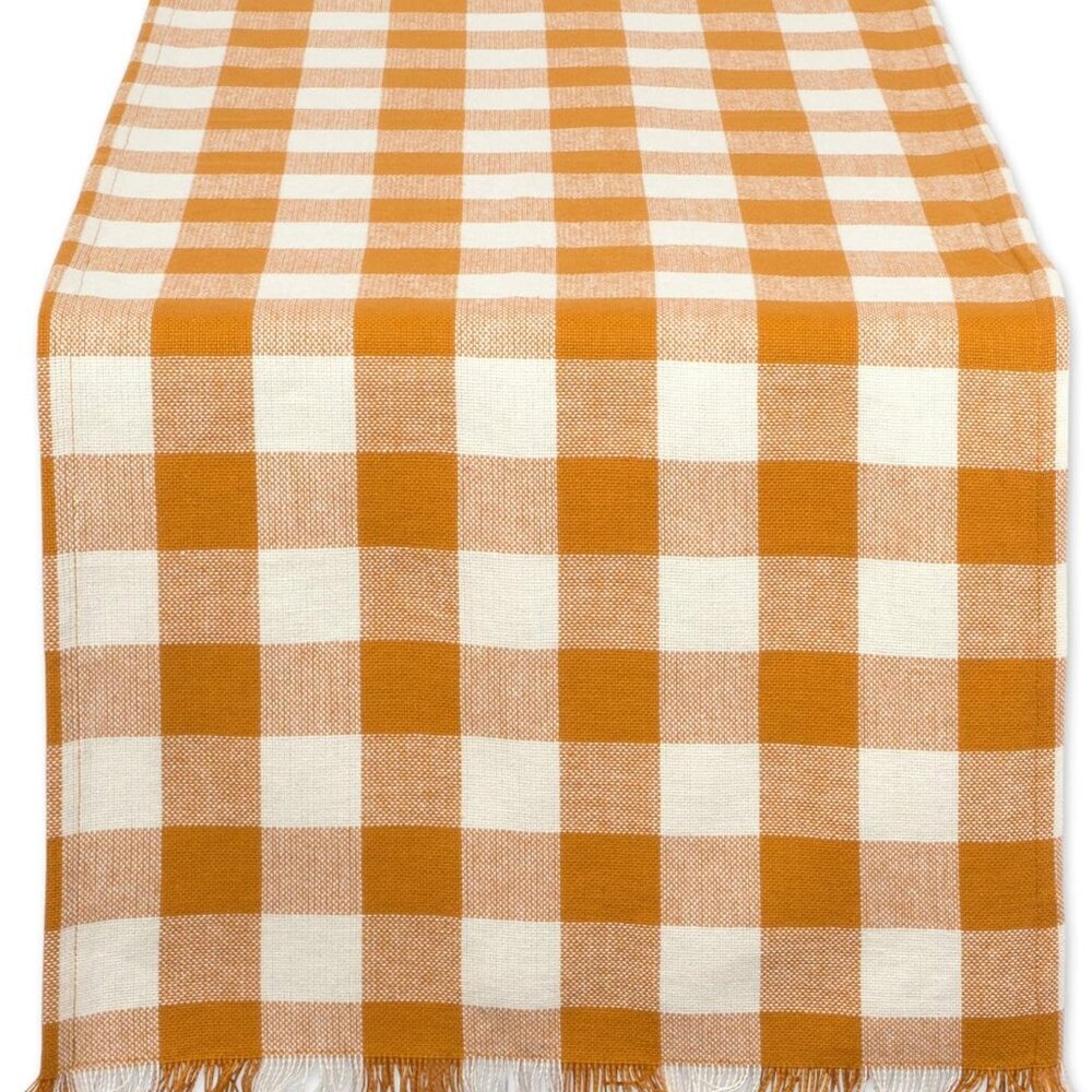 Heavyweight Fringed Check Tabletop Collection, Table Runner, 14x108, Pumpkin Spi